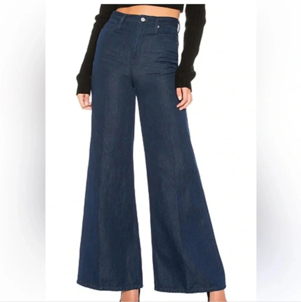 We The Free Super High Rise Wide Leg Jeans Dark Wash Denim Size 29 Linen Blend